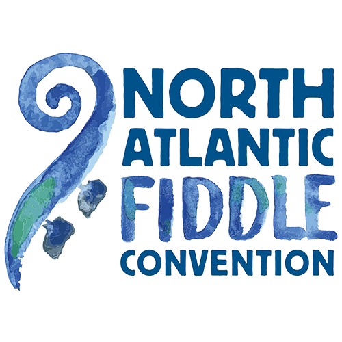 Logo for the North Atlantic Fiddle Convention, featuring a large, stylized blue/green fiddle scroll.