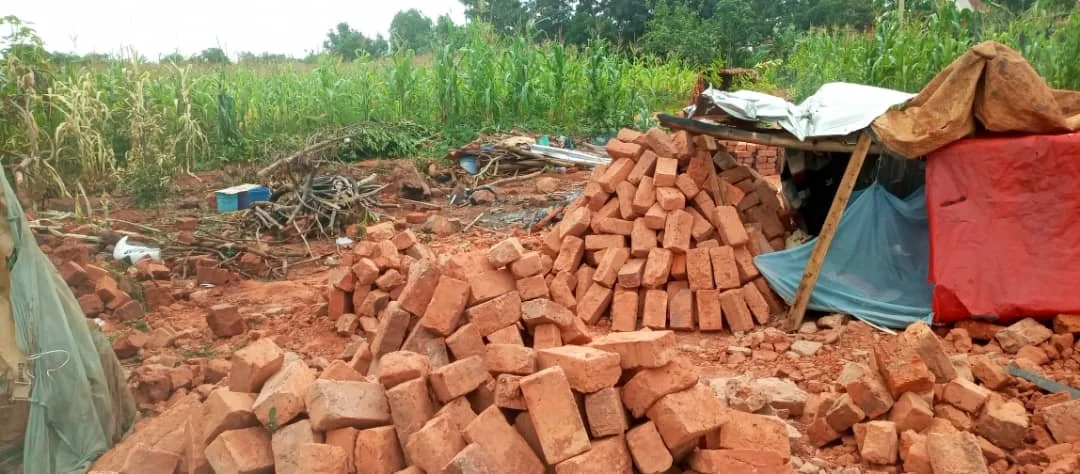 Makeshift shelter on a destroyed plot.