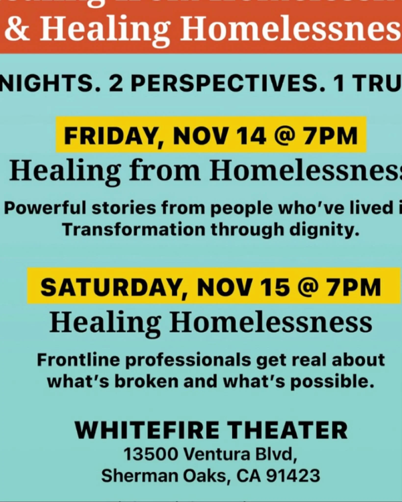 Healing from Homelessness | Healing Homelessness

A Two-Night Event

Friday, November 14 @ 7PM: &ldquo;Healing from Homelessness&rdquo;
Hear directly from people who&rsquo;ve lived it. Powerful stories of transformation that happened not through &ldq