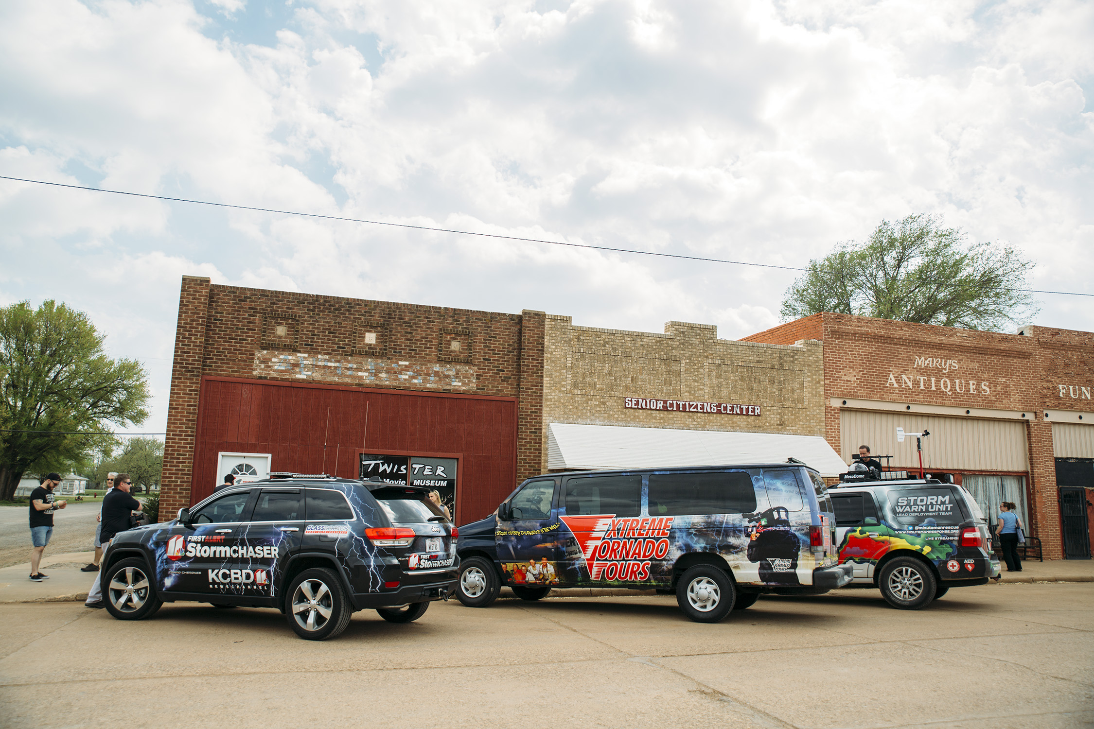 Storm chasers take a break at the Twister Movie Museum in Wakita, Oklahoma