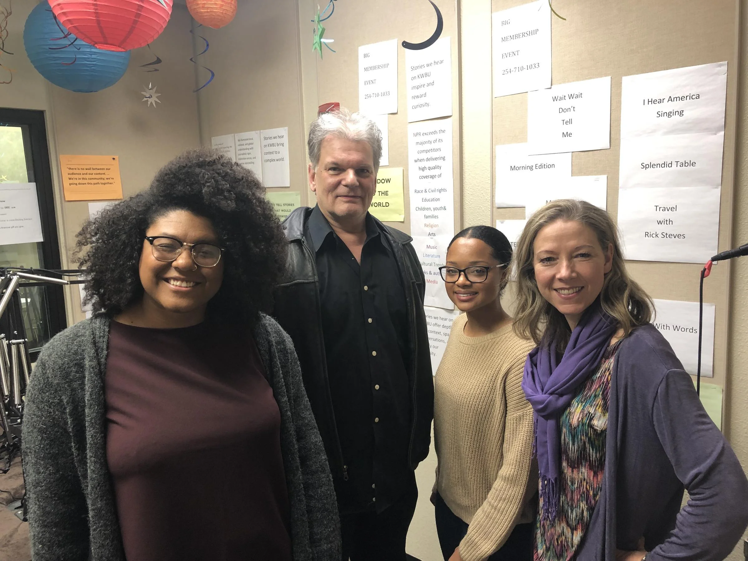 (From left to right) Rae Jefferson, Chuck Jennings, Kennedy Sam and Fiona Bond in the KWBU Studios on Jan. 15, 2019. (KATELEIGH MILLS/KWBU RADIO)