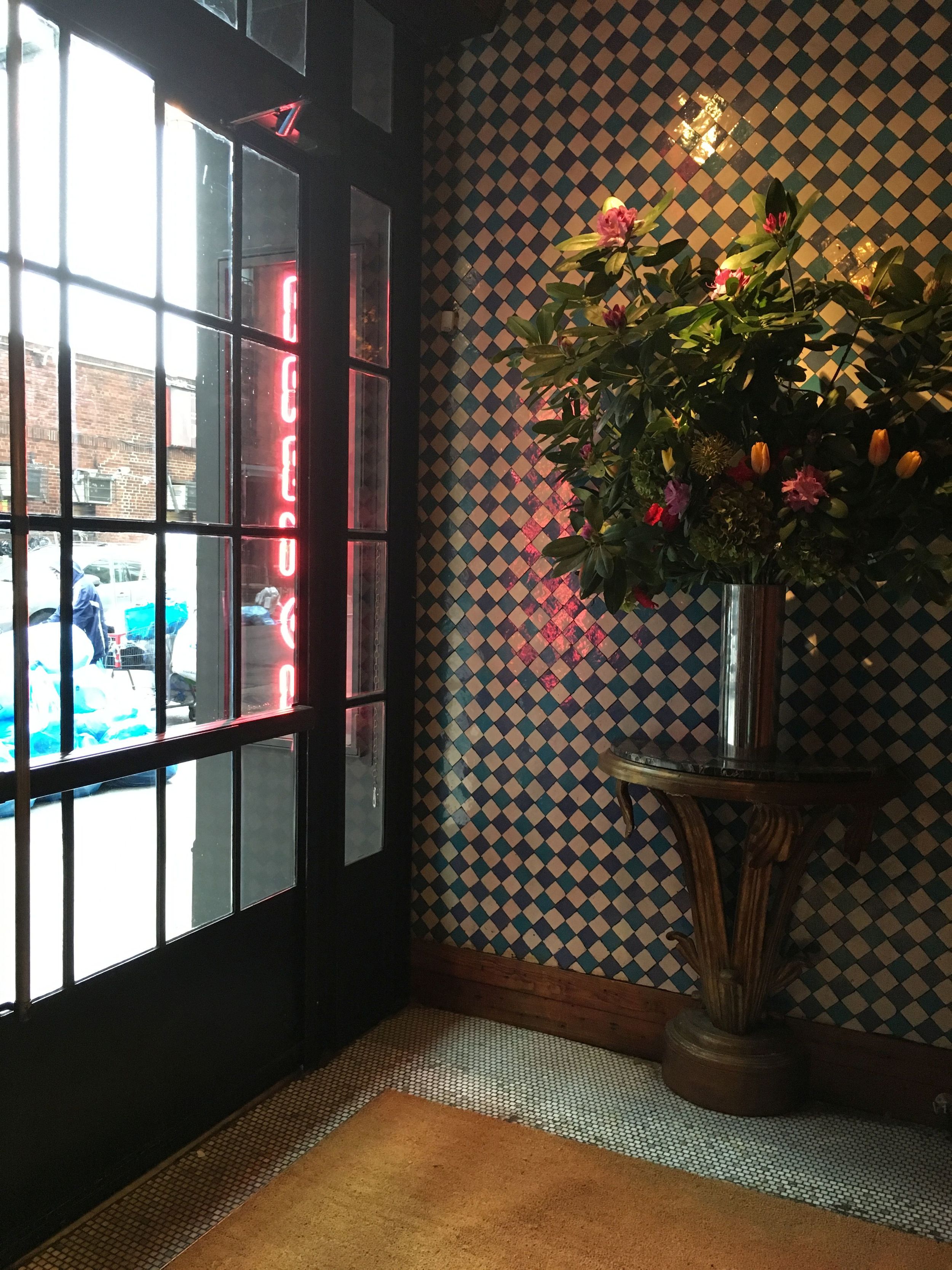 floral arrangement and tile work...