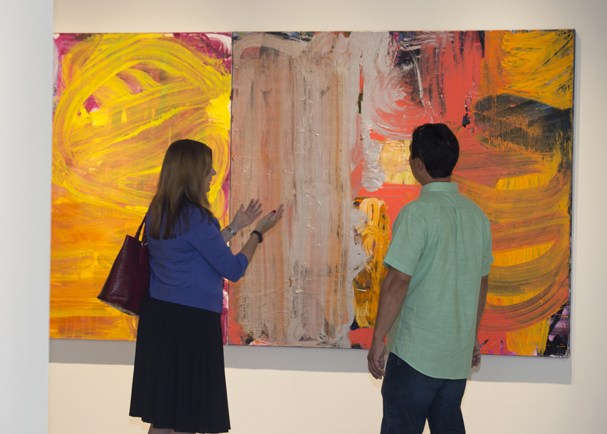 Visitors are framed by Fran O'Neill's leading at the Confronting the Canvas members' preview. Image courtesy of Thomas Hager.