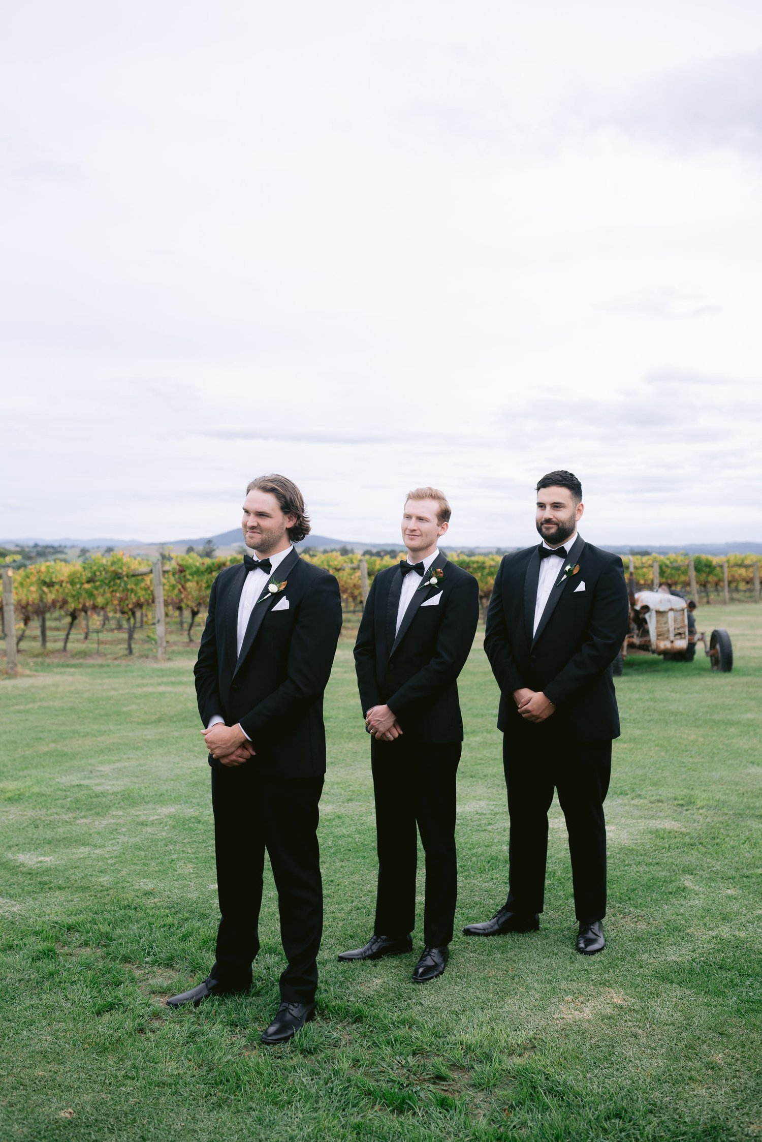 Three men in tuxedos stand on grass with a vineyard background.