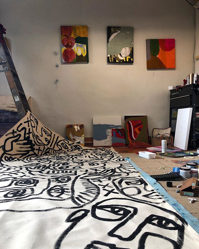 The studio is filled to the brim. 〰️
New work coming for you this Sunday at the Rochester Public Market for @artistrowrochester from 10am-4pm. Stop by booth A24 to see what I&rsquo;ve been workin on. 💭#painting #artstudio #workinprogress #artist #ab