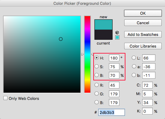 The color picker panel in Photoshop. We only need to be concerned with adjusting HSB.