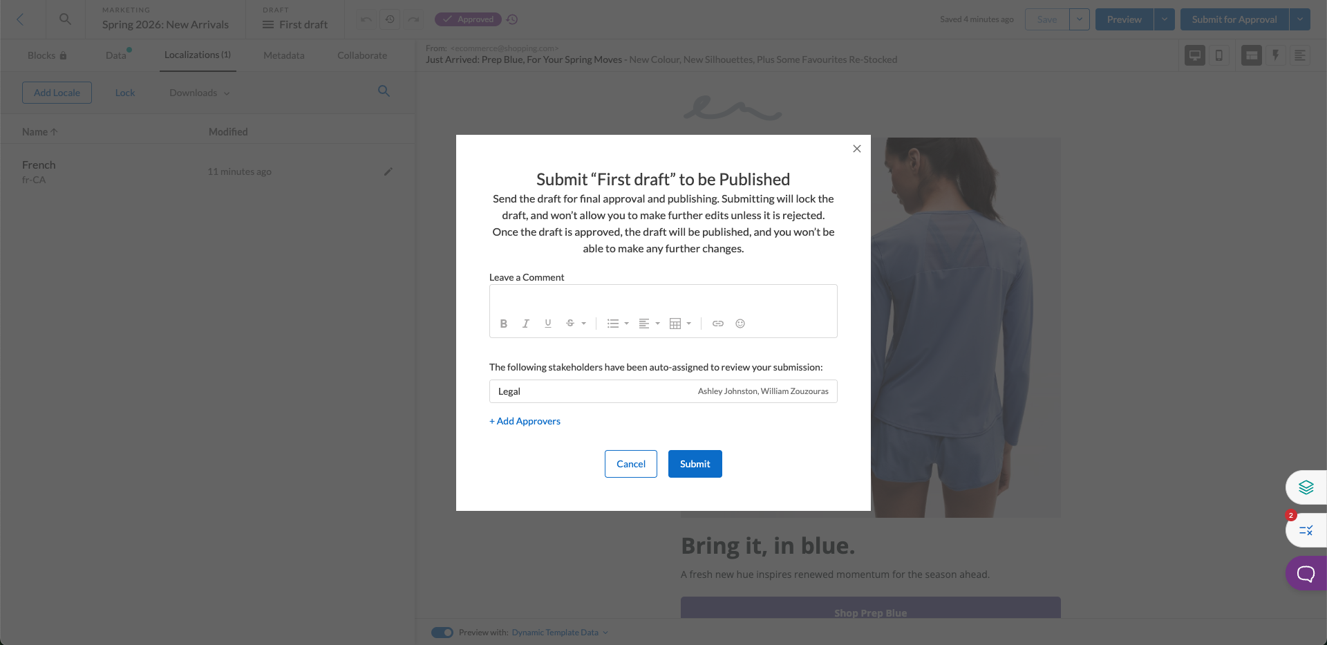 submit modal for final approval stage, showing that the legal team is automatically assigned to review