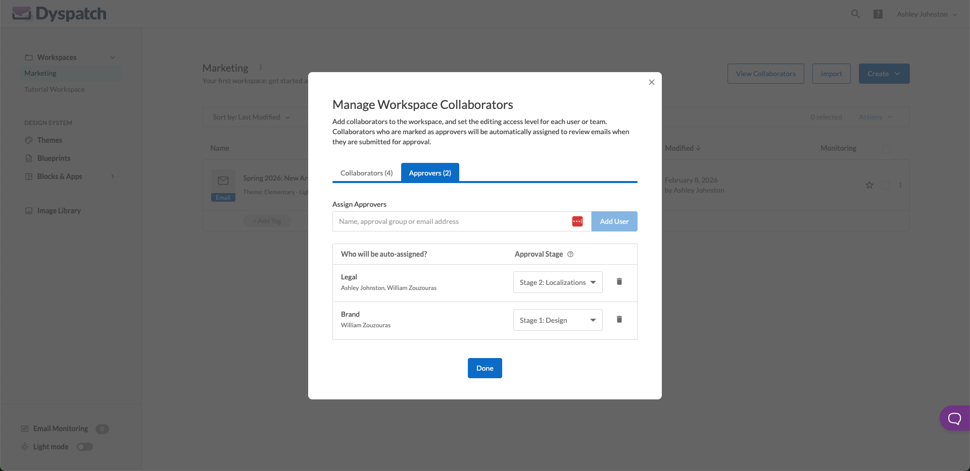 approval groups assigned to the Marketing workspace