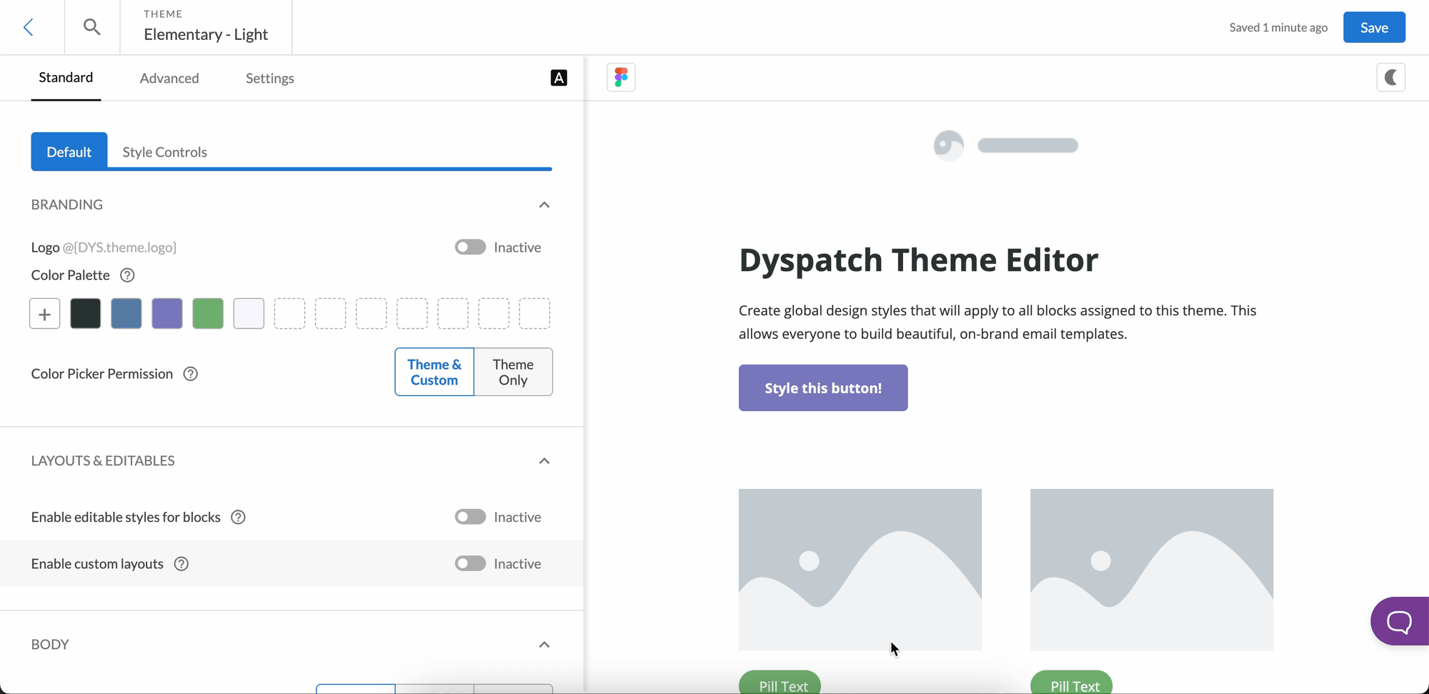 scrolling through the theme editor's styling options and advanced control toggles