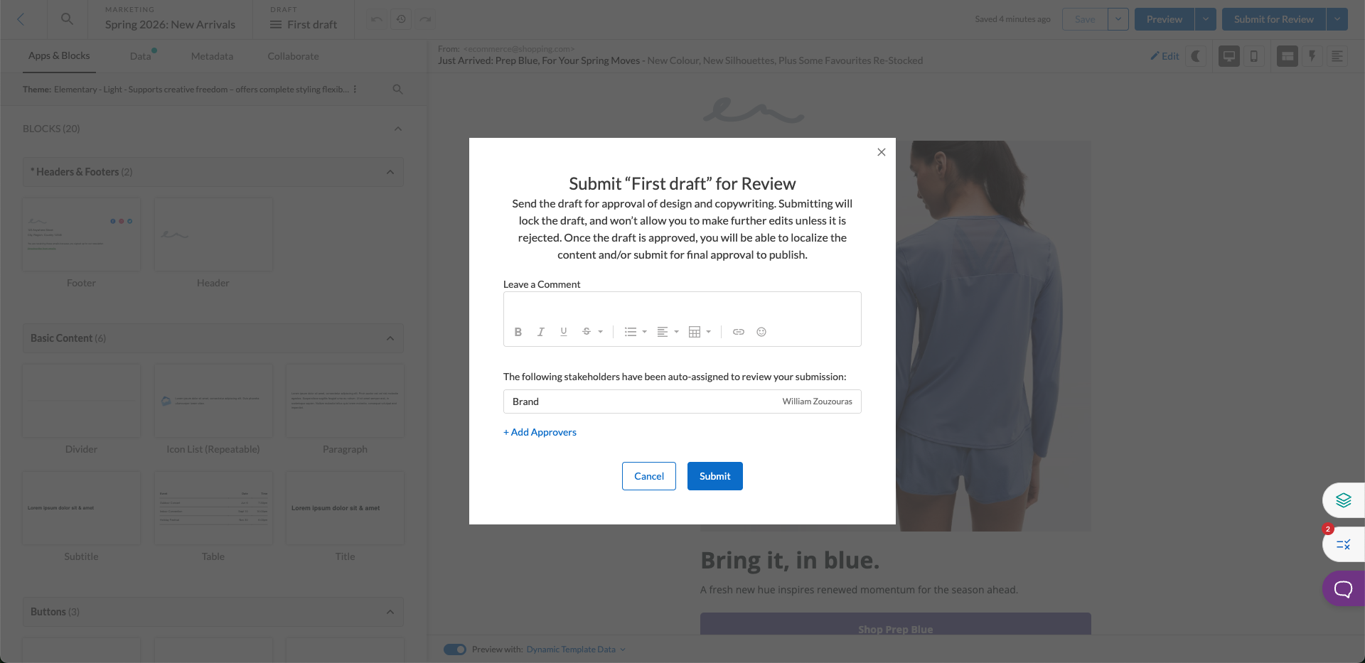submit modal for design review stage, showing that the brand team is automatically assigned to review