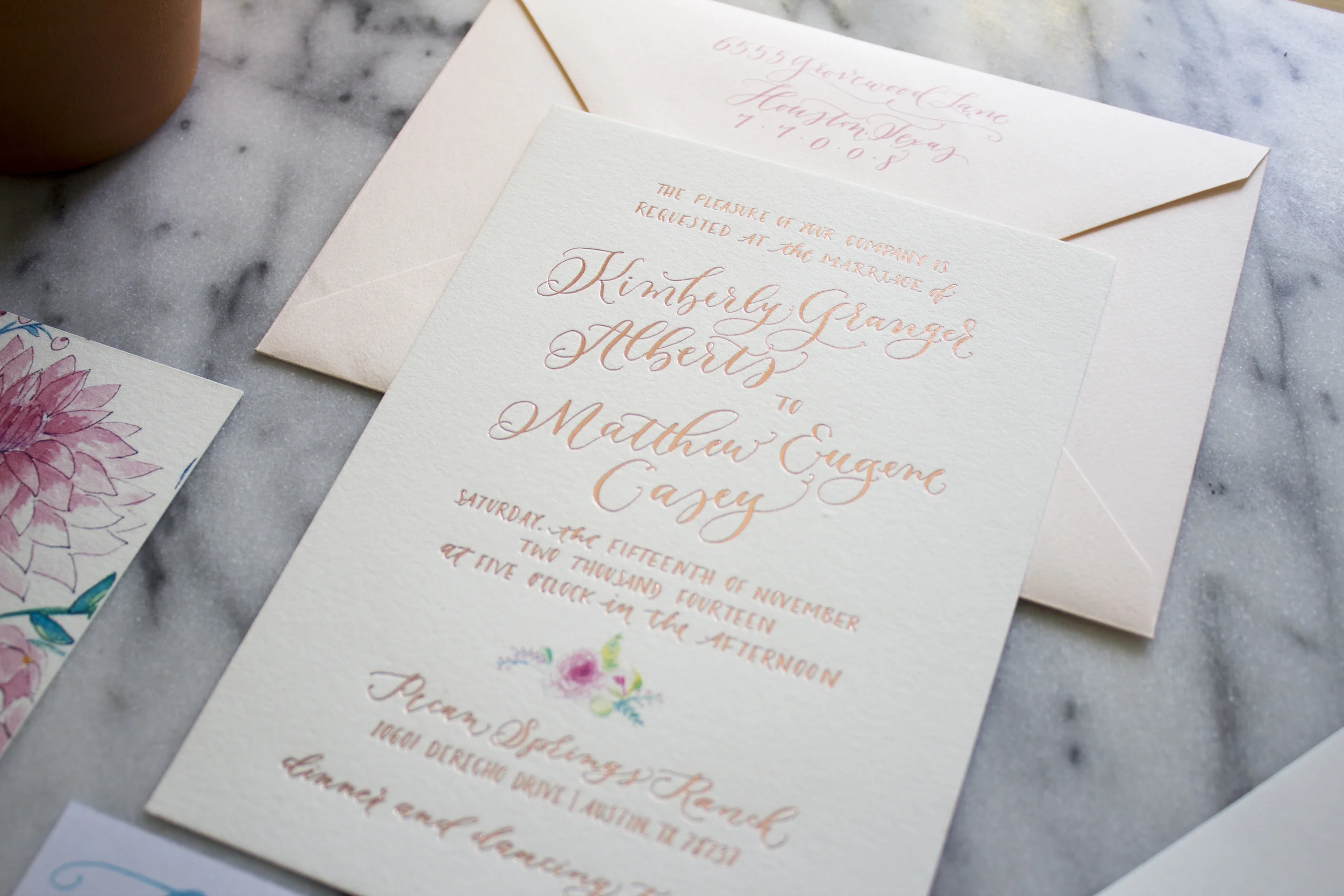 the rosegold foil stamped calligraphy up close