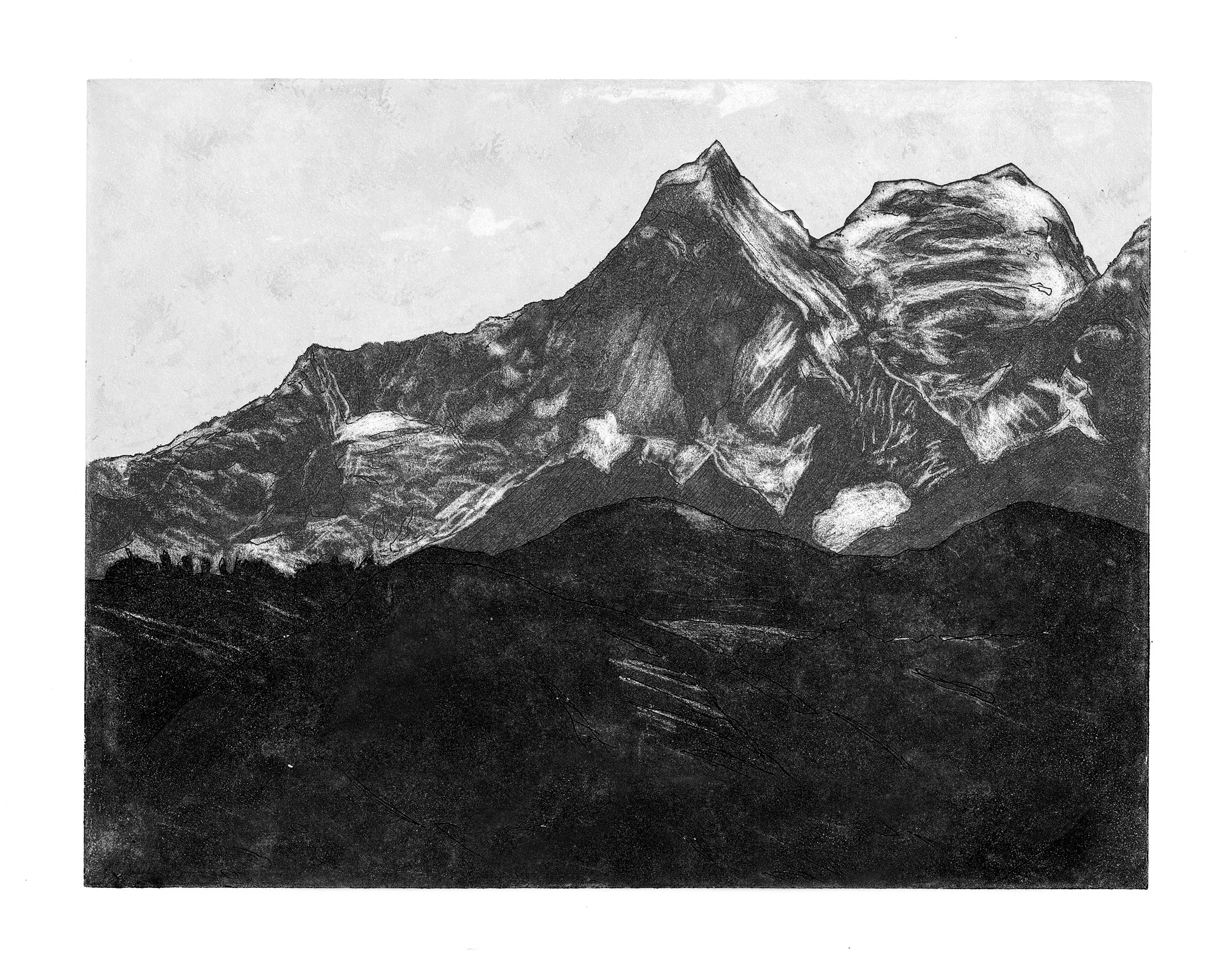 Welcome to Huandoy (Etching, aquatint, digital)