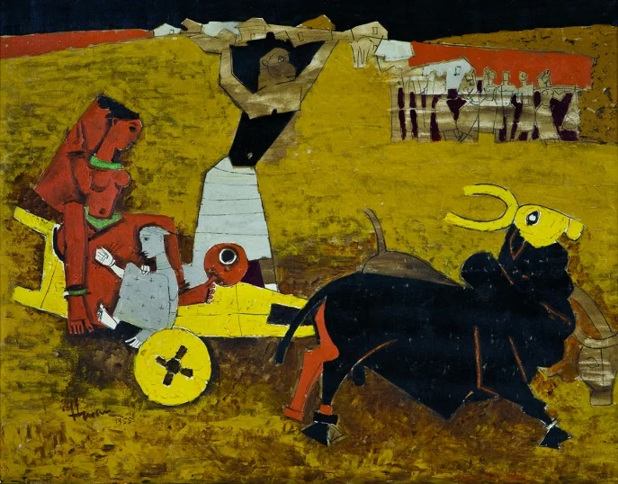 M. F. Husain. Yatra, 1955. Oil on canvas. H. 33 1/2 x W. 42 1/2 in. (85.1 x 108 cm). Collection Kiran Nadar Museum of Art, New Delhi. Collection Kiran Nadar Museum of Art, New Delhi