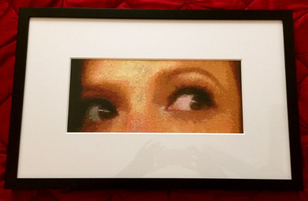 Spanish Eyes, x stitch portrait of my own eyes, 2015.