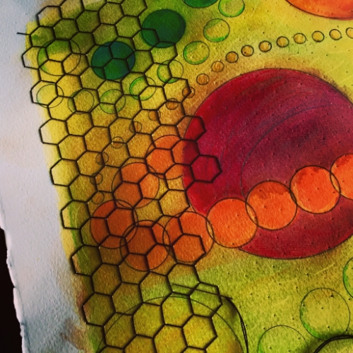 WIP: Stitching a layer of honeycomb in the fading sunlight. Watercolor, graphite, hand embroidery. June, 2015.