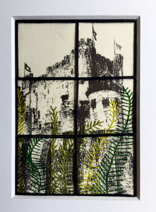 Peering through a window upon a Castle. Hand embroidery on a print.