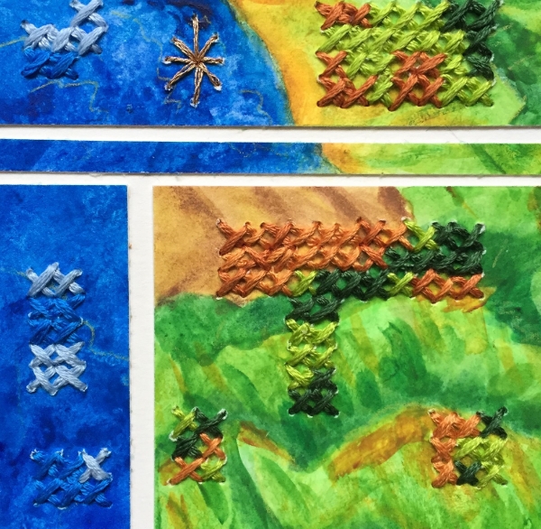 Earthea, 2. Hand embroidery/x stitch on watercolor segments.
