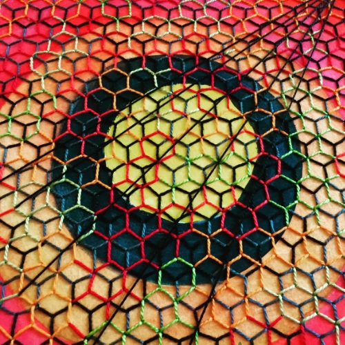 Detail from Honeycomb Rings, 2015 (originally 2013). Watercolor and hand embroidery.