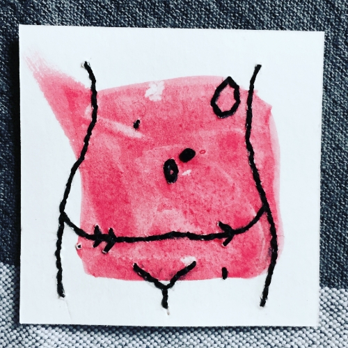 Bifurcated, Take 1. Embroidery on 2 inch square watercolor.