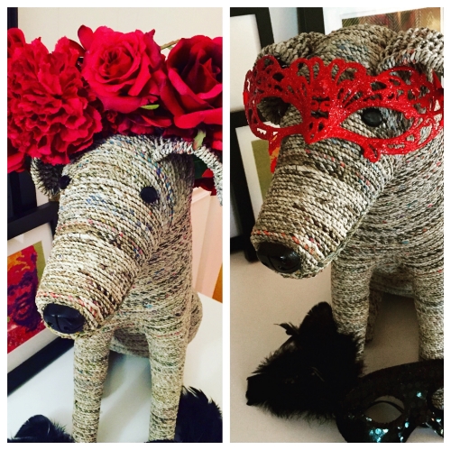 Arturo the art dog modeling my crown and mask. 