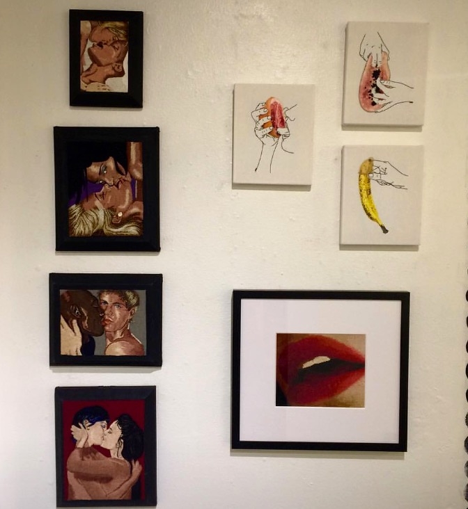 The gallery wall of my dreams! My work along side Erika Hagberg's kisses and Meghan Willis' fruit.