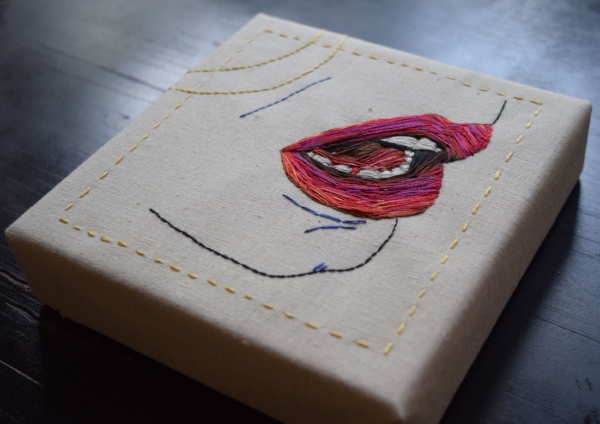 Hunger, 2016. Hand embroidery on linen. Stretched on 6 x 6 inch canvas.