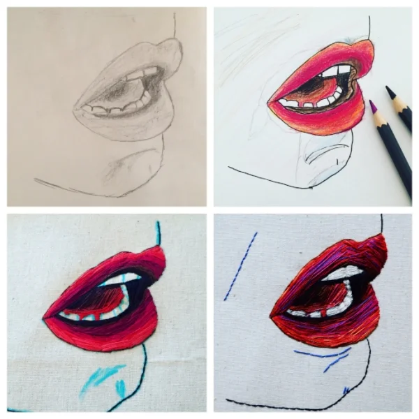 Process shots. From sketch to layers of thread.