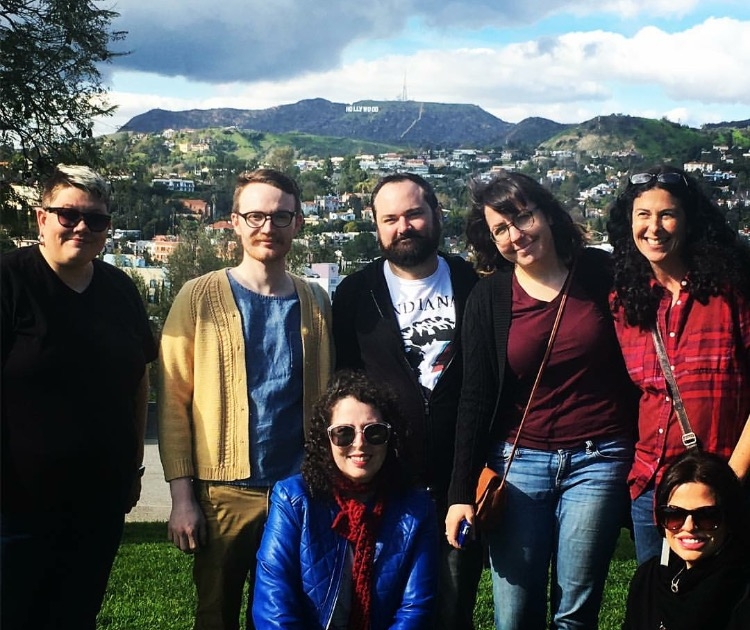 An artist gathering from the show, in front of the Hollywood sign. Becca Hammond-Cahill, Alexander Cain, Matthew Monthei, Annette Huelly, Michelle Kingdom, Rebecca Levi, Me.