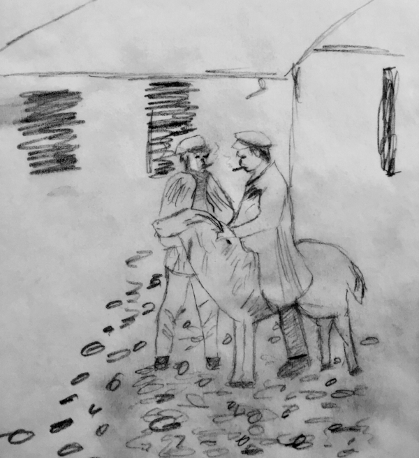 My random, muddy sketch on tissue paper of two 19th Century Polish boys smoking and hanging with their ram. 