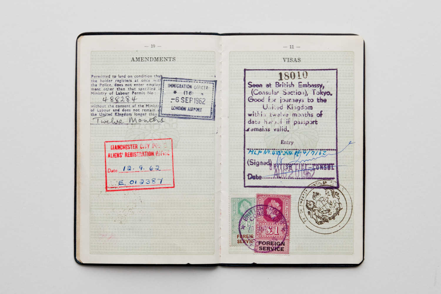  Stamps in his passport show he landed in London 6th Sept 1962, with Visa from British Embassy in Tokyo.  He was required to register as an alien with Manchester Poiice. 