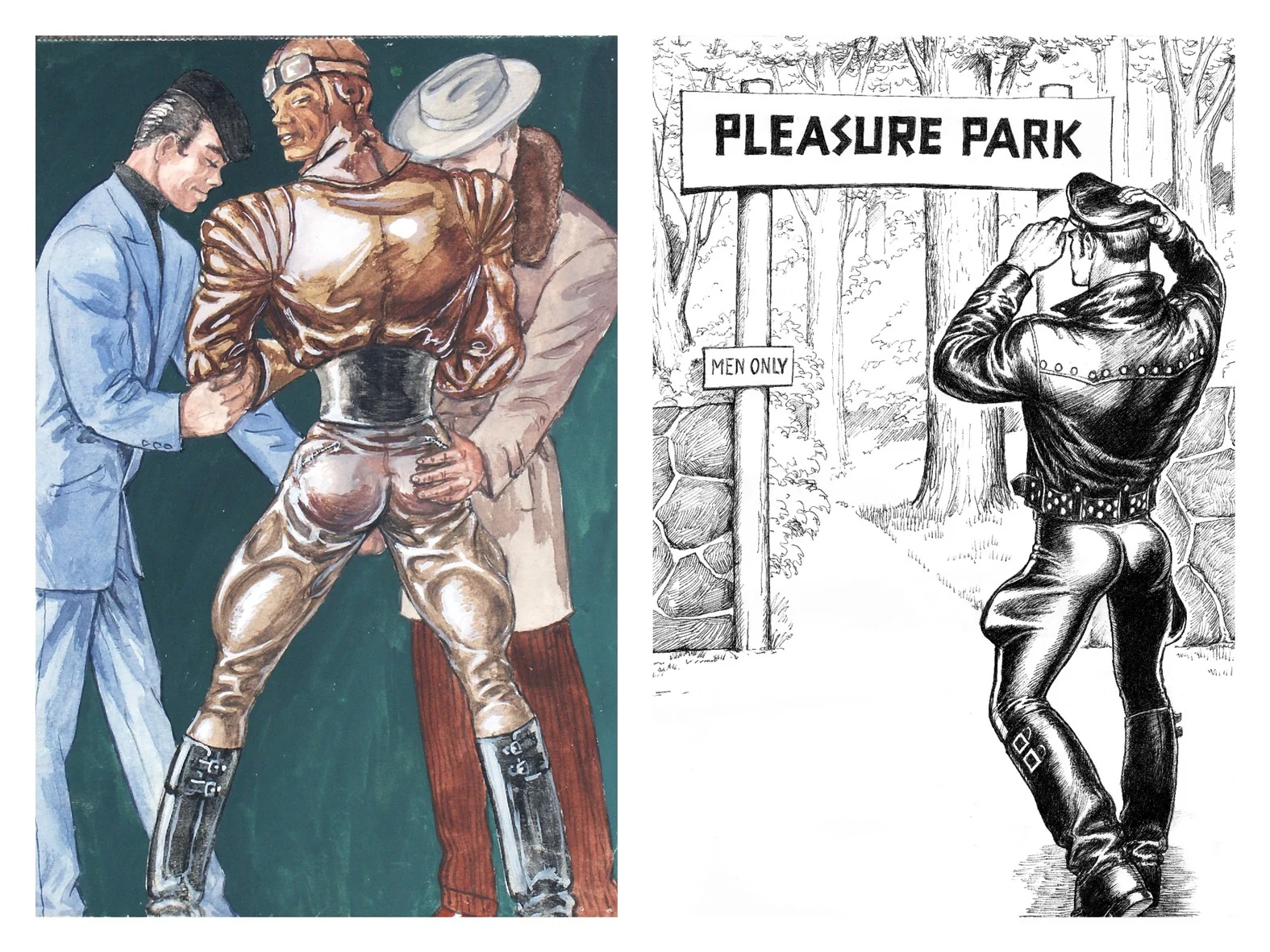 Left: Tom Of Finland, Untitled , 1947. Right: Tom of Finland, Untitled (From Kake vol. 20 - Pleasure Park) , 1977. Courtesy Tom of Finland Foundation and David Kordansky Gallery, Los Angeles, California