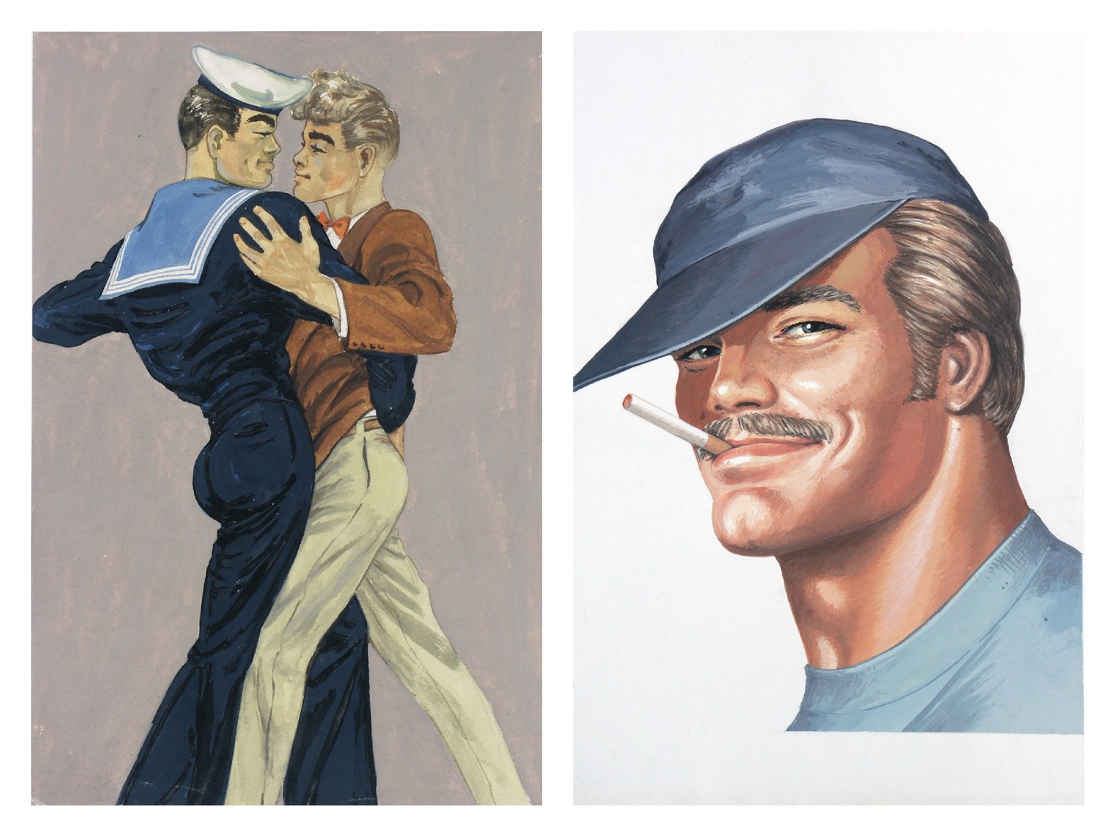 Left: Tom of Finland, Tom’s Finnish Tango, 1947. Right: Tom of Finland, Untitled (Portrait of Pekka) , 1975. Courtesy Tom of Finland Foundation and David Kordansky Gallery, Los Angeles, California.