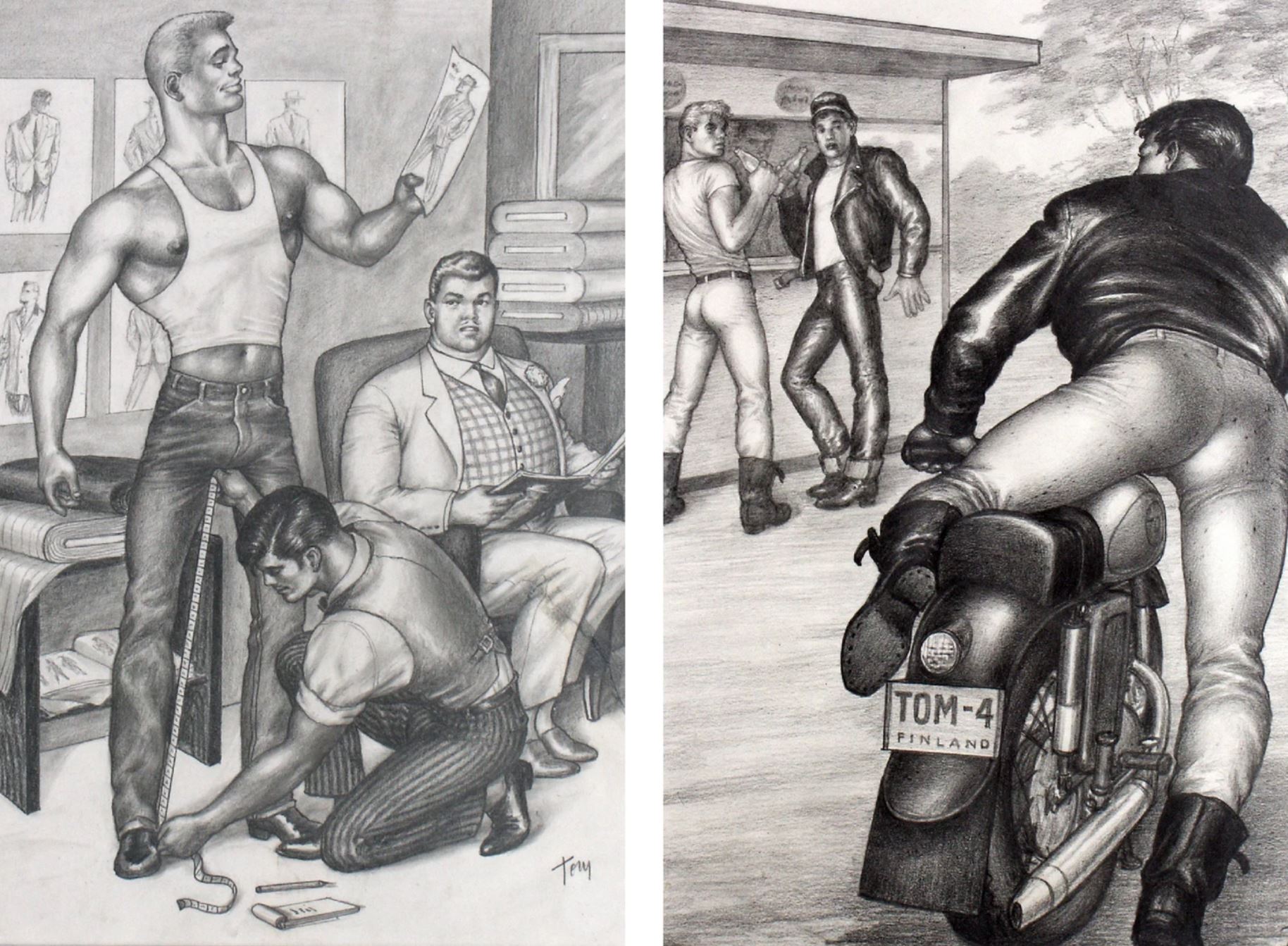 Left: Tom Of Finland, Untitled , 1959. Right: Tom of Finland, Untitled (from "Motorcycle Thief" series), 1964. Courtesy of Tom of Finland Foundation and David Kordansky Gallery, Los Angeles, California.