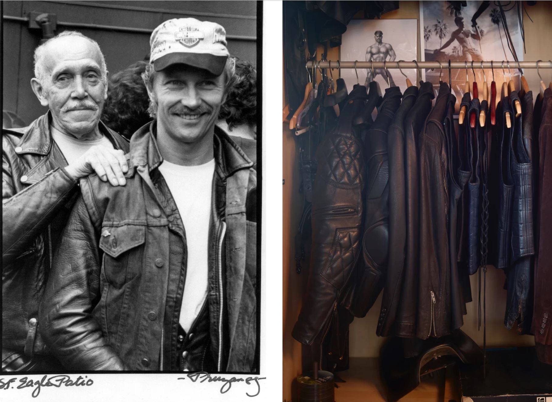 Left: Laaksonen and his protégé Durk Dehner at a fundraiser for the Foundation at the Eagle in San Francisco, 1985. Photo: Robert Pruzan. Right: Leather jackets hanging inside TOM House, Los Angeles. Photo: Martyn Thompson. As featured in the book TOM HOUSE , published by Rizzoli.