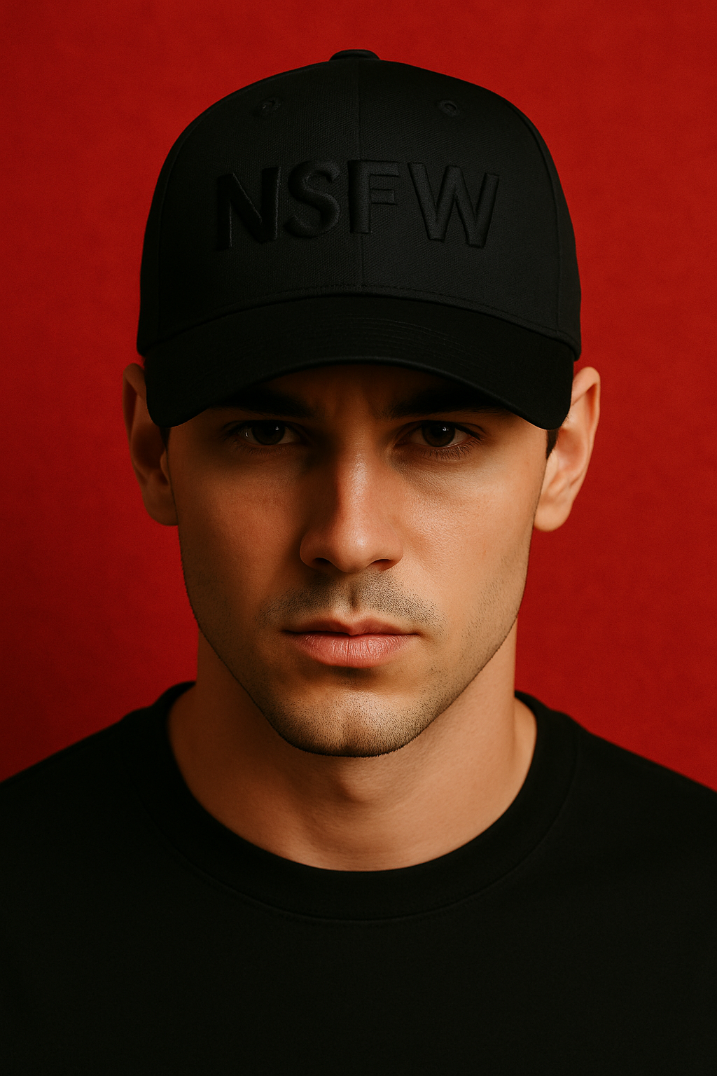 Confident Stare with Bold Red Background.png