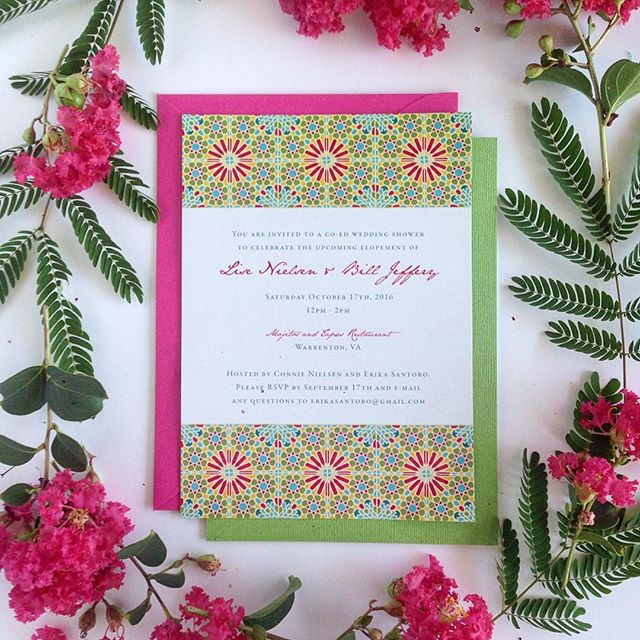 A fun little Spanish tile inspired party invite design with a shimmer linen-textured backer and fuchsia envelope.  I love using bright colors! 😃🌺🍉💃 Also this invite was special because I designed it for my high school graphic design #teacher! 😋 