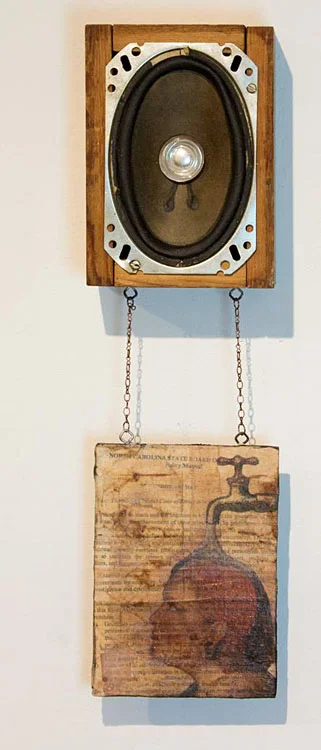 Brainwashed Image Transfer onto the NC code of conduct for educators, then mounted onto wood, painted with water color and ink. Lisa Snead
