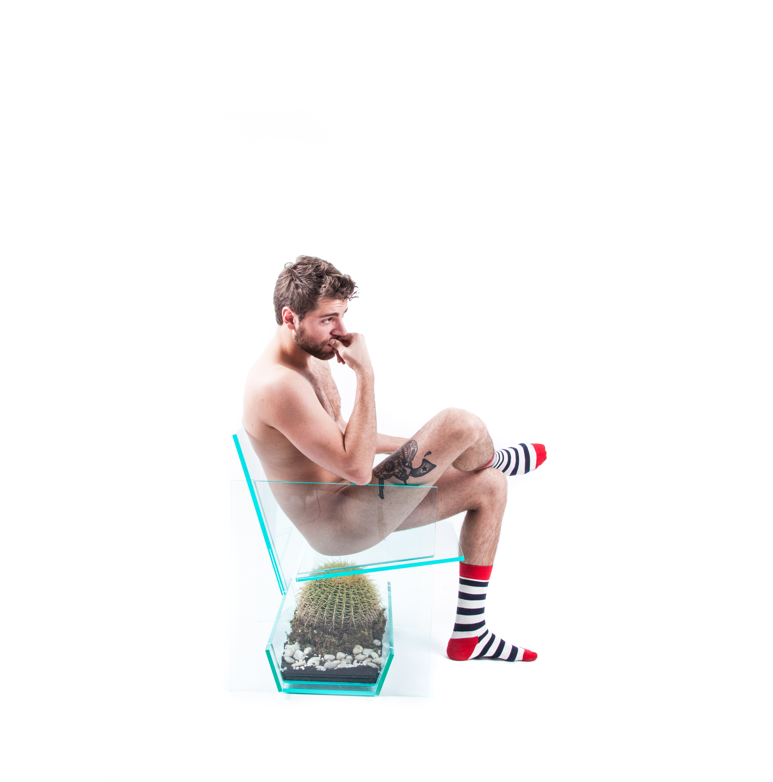 When a cactus is placed in the Bond Arm Chair's trough, it tests the user's faith in the integrity of the transparent planes bonded seamlessly together. 