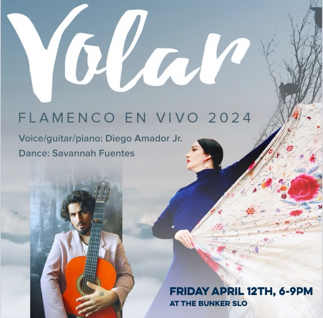 April 12th 2024 ✨ Seattle-based Flamenco dancer Savannah Fuentes &amp; singer/multi-instrumentalist, Diego Amado Jr., direct from Seville with present Volar, Flamenco en Vivo at The Bunker in San Luis Obispo.  Volar means to fly in Spanish. It repres