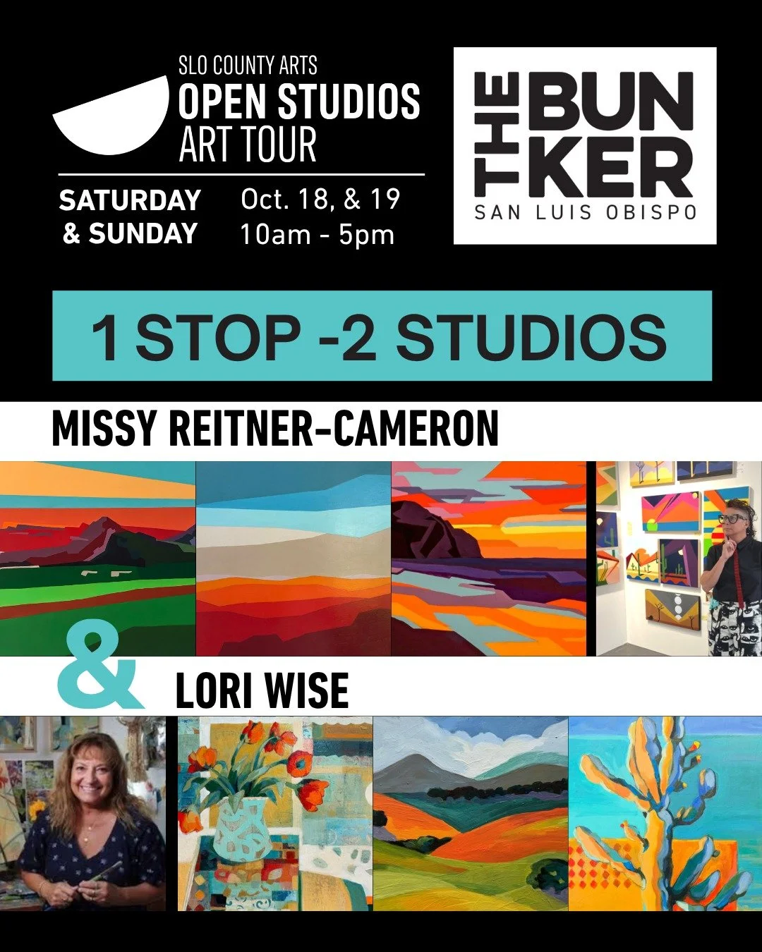 If you missed the first weekend of SLO County Arts Open Studio Tour, don't worry, there's another weekend coming! 
October 18 & 19 (Sat/Sun) the Bunker will host two artist studios! 
Come visit Missy Reitner-Cameron and Lori Wise and check out th