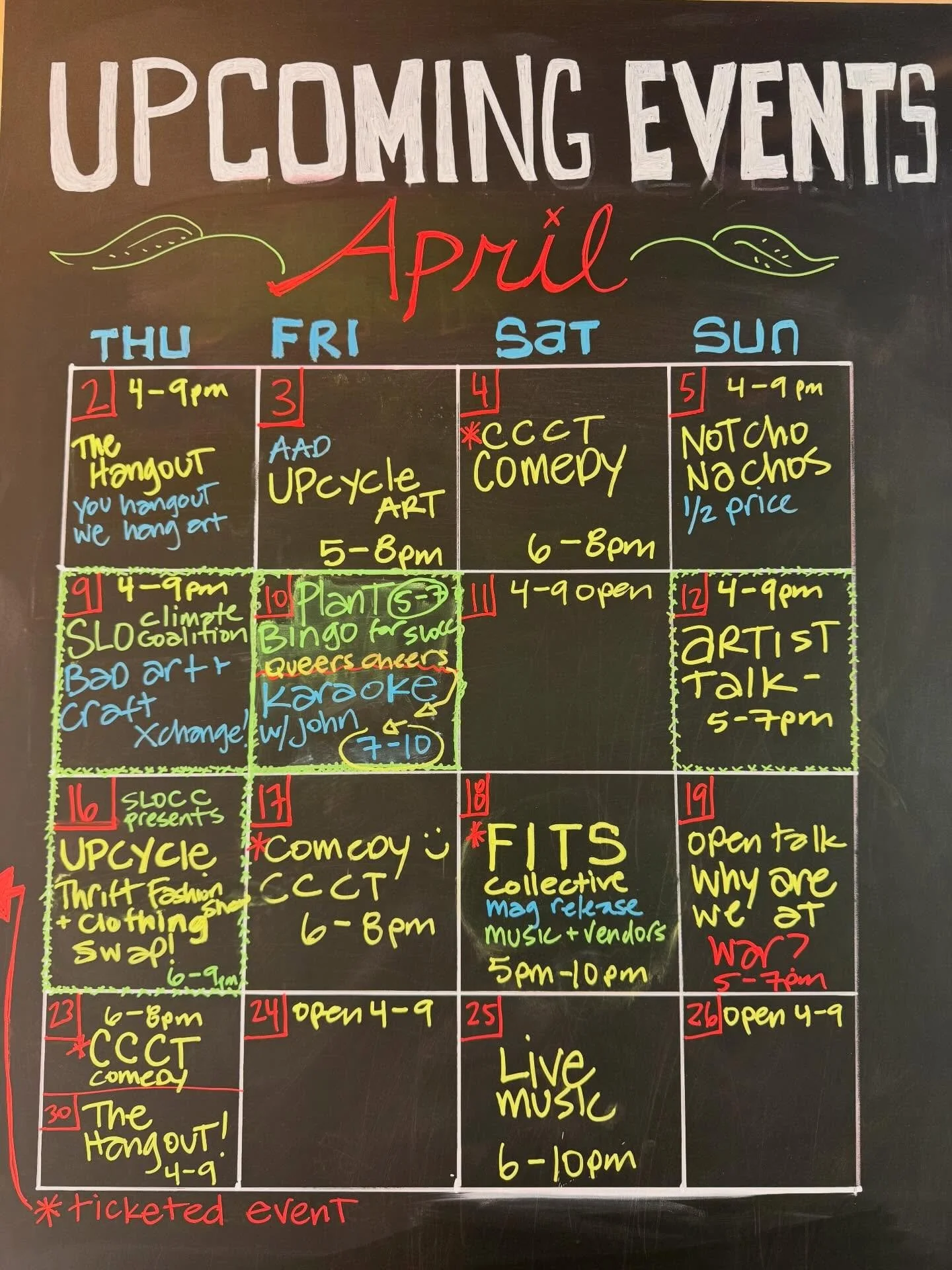 Come by, say hi, and grab a bite and a beer at SLOs new 3rd space! The UNDERGROUNDS cafe is now open and serving food and so many drink options, including beer and wine, Thursday through Sunday, from 4-9pm! 
We have a full month of fun events to cele