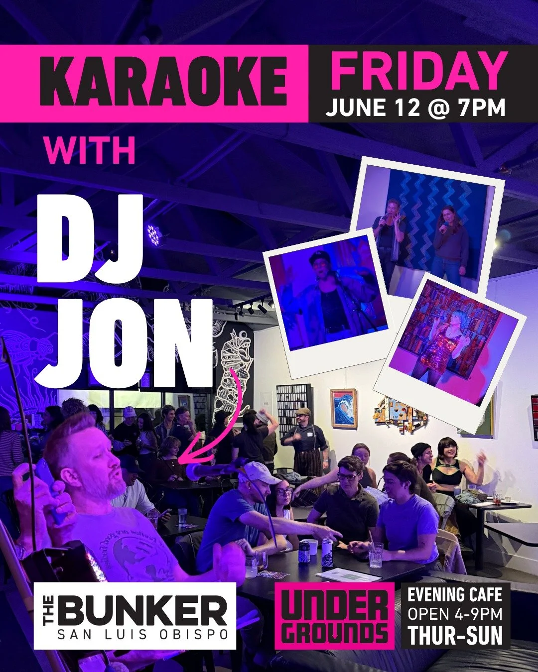 Karaoke Night with sound master DJ Jon!

Don&rsquo;t miss The Bunker SLO&rsquo;s monthly karaoke night! We&rsquo;ll have DJ Jon running the amazing show featuring&hellip;YOU?

The @undergroundsslo evening cafe will be open, serving food, beer, and be