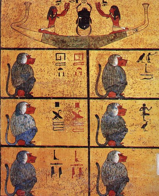 A wall of King's Tut's tomb depicting baboons. Apparently babboons pee like clockwork every hout, and the ancient Egyptians used this as a method of keeping time. Image courtesy of a 1 pound CD I bought.