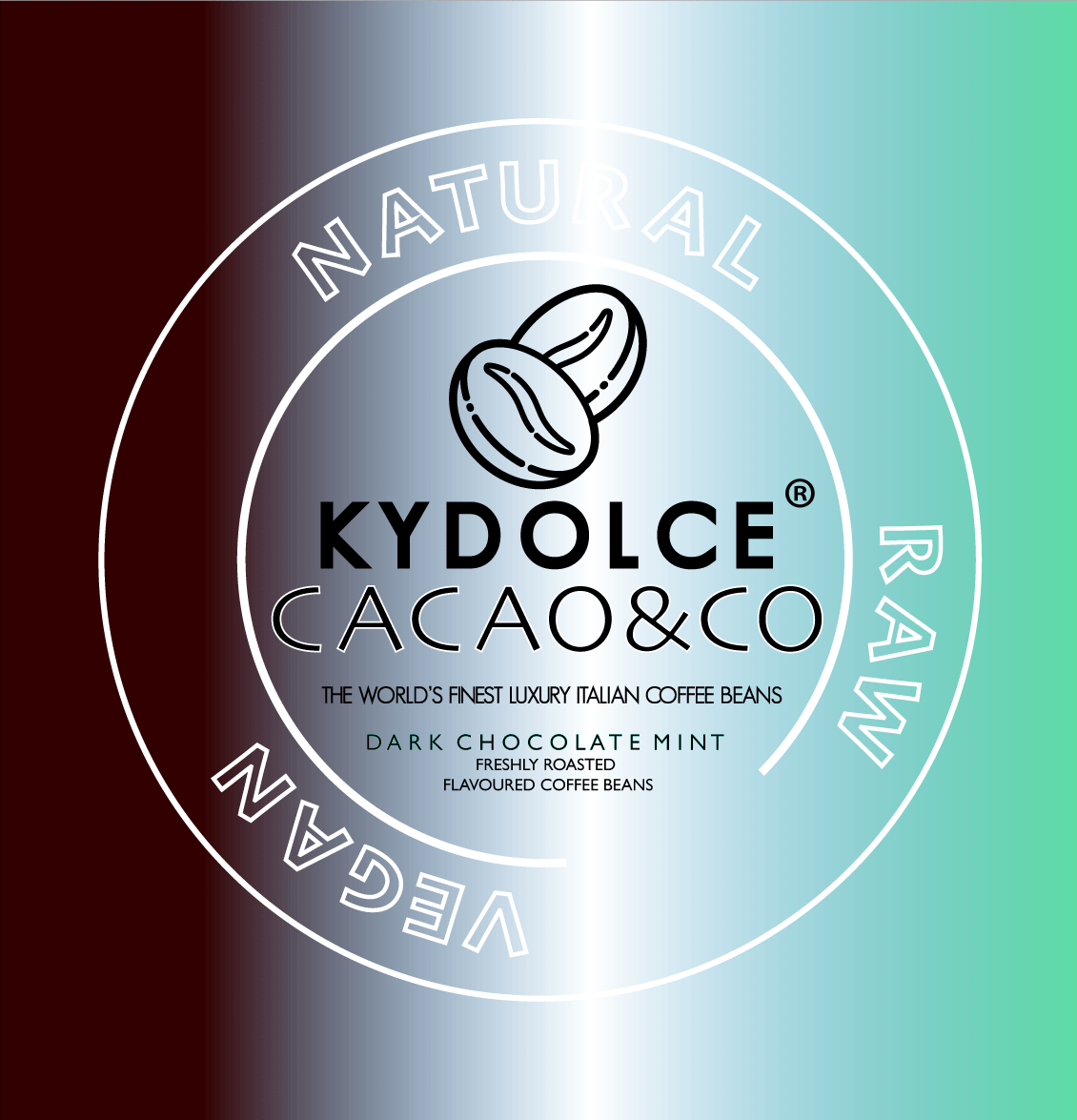 Logo for Kydolce Cacao & Co featuring coffee beans and text promoting natural, raw, vegan, luxury Italian coffee beans with dark chocolate mint flavor.