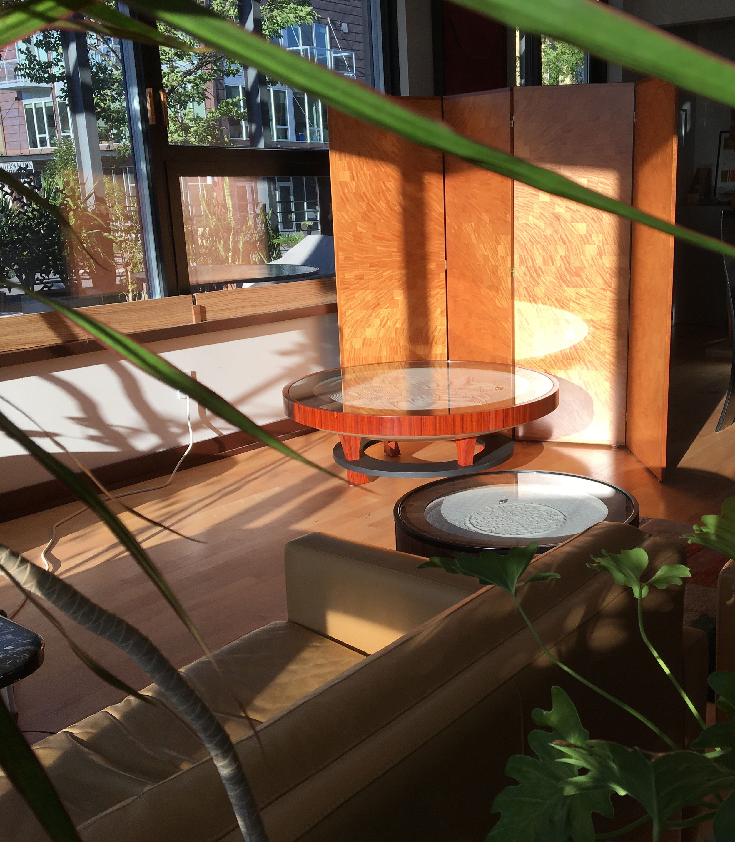 hardwood table with padauk wood and end table with walnut veneer