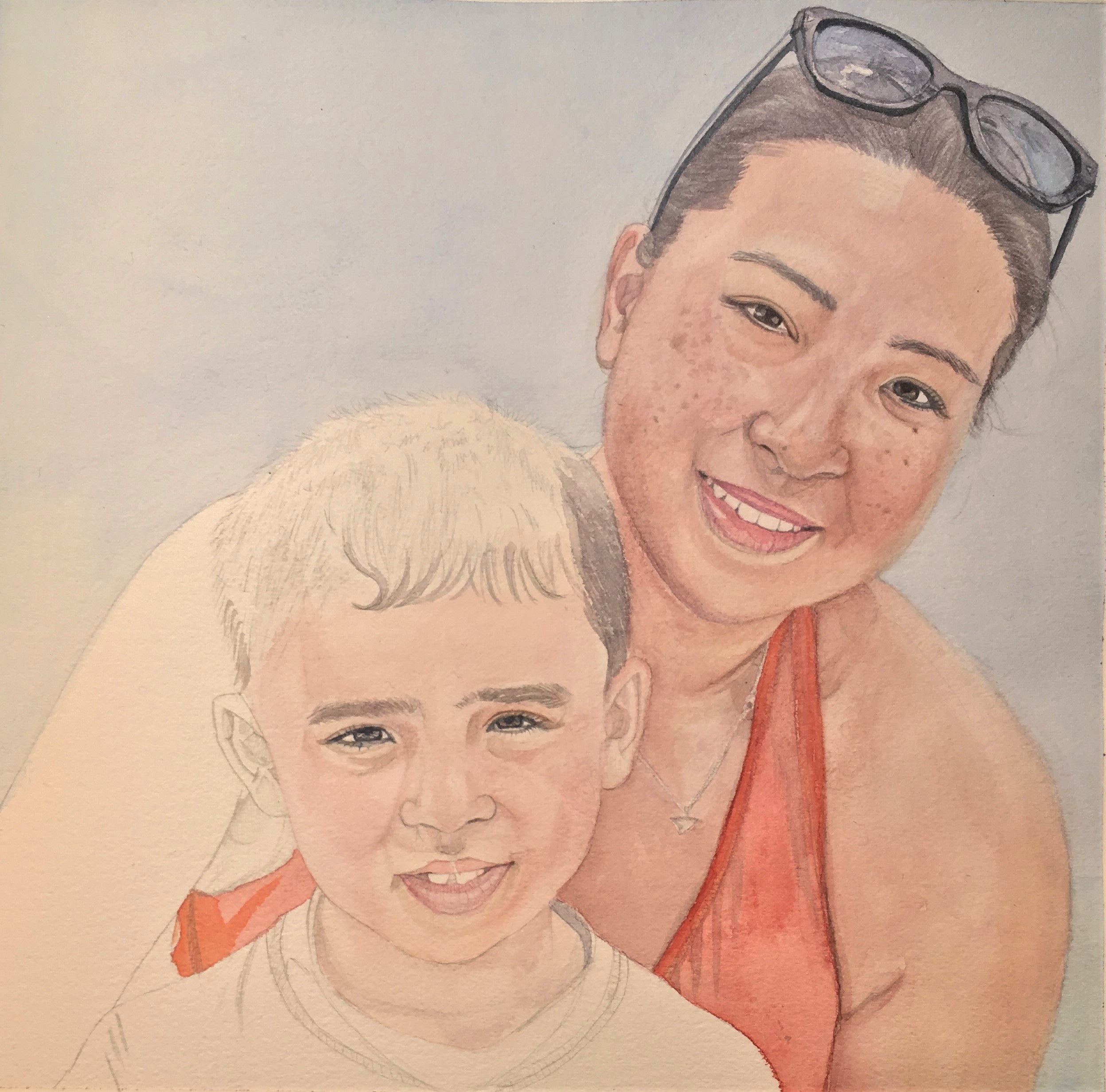After most of my portrait is finished, I move on to paint my son, the second subject.