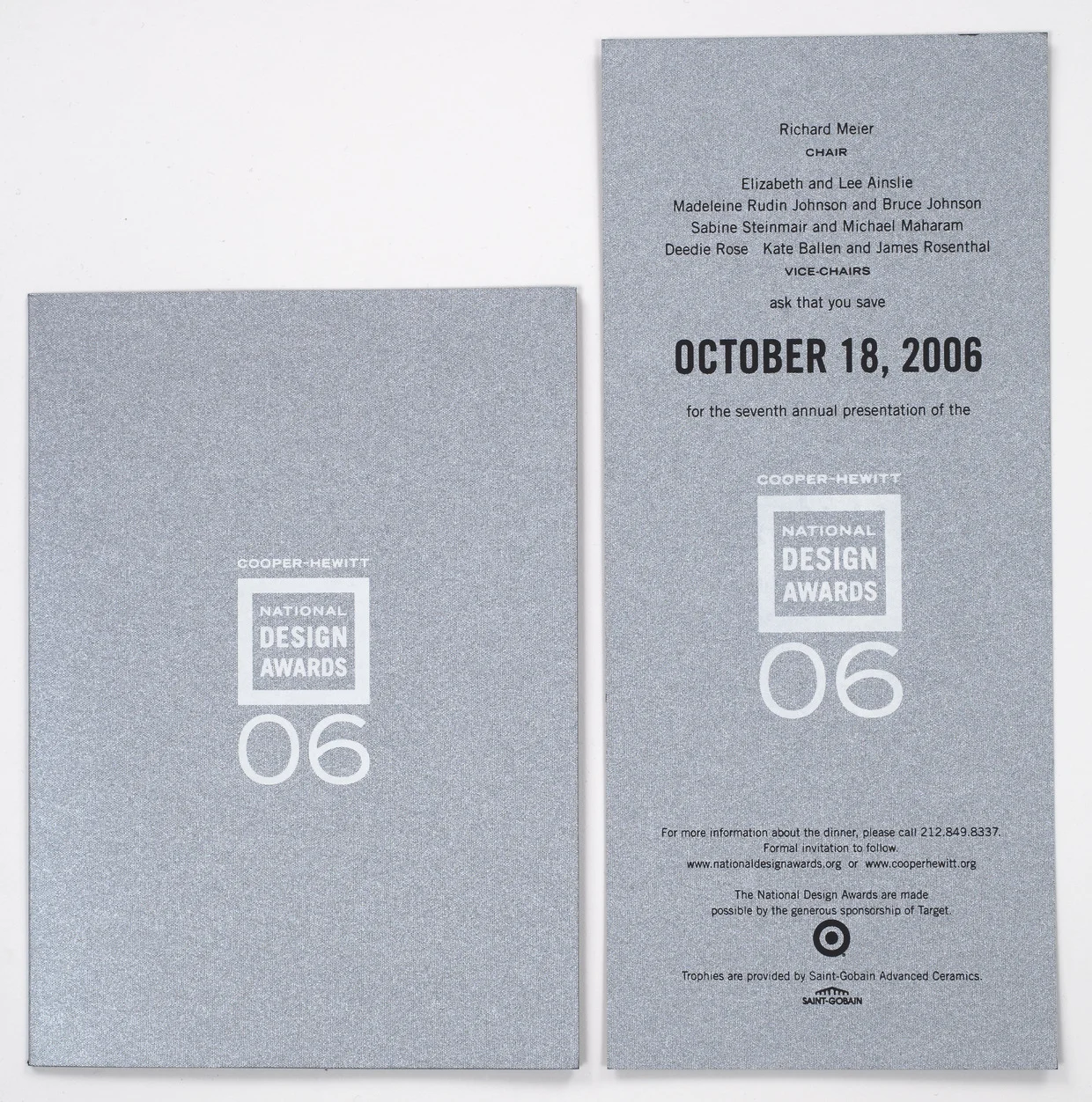 2006 was the first year that the National Design Awards Gala was a black tie event. Tsang Seymour secured paper mill donation of an important metallic silver and black dye paper duplex paper stock to communicate the shift from a dinner banquet to a gala celebration.