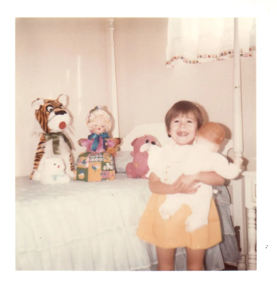 Me + my canopied bed + display of dolls & stuffed animals circa 1975