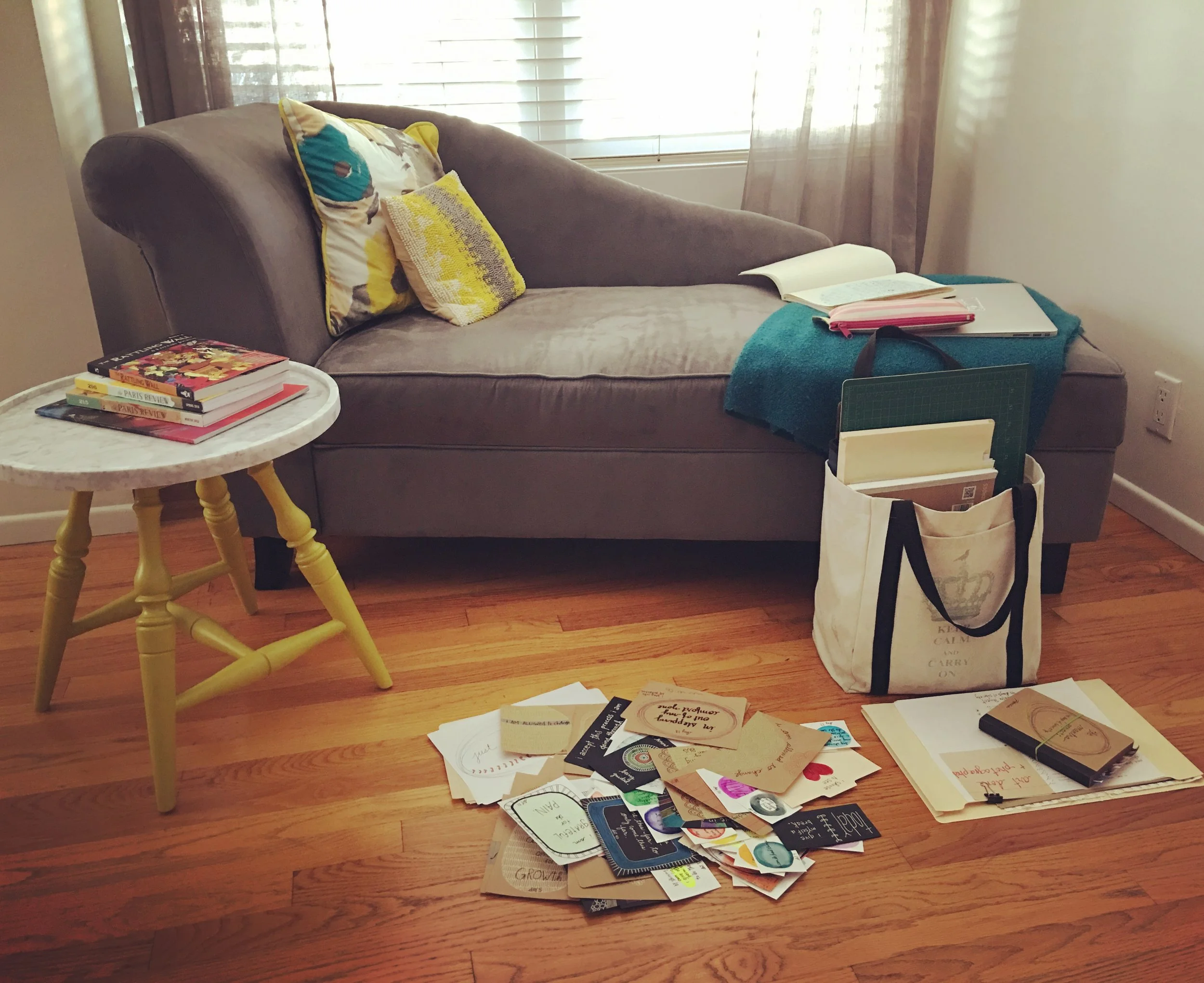 My corner at Katie's house. Her fainting chair? The best, right? My makeshift office + happy place.
