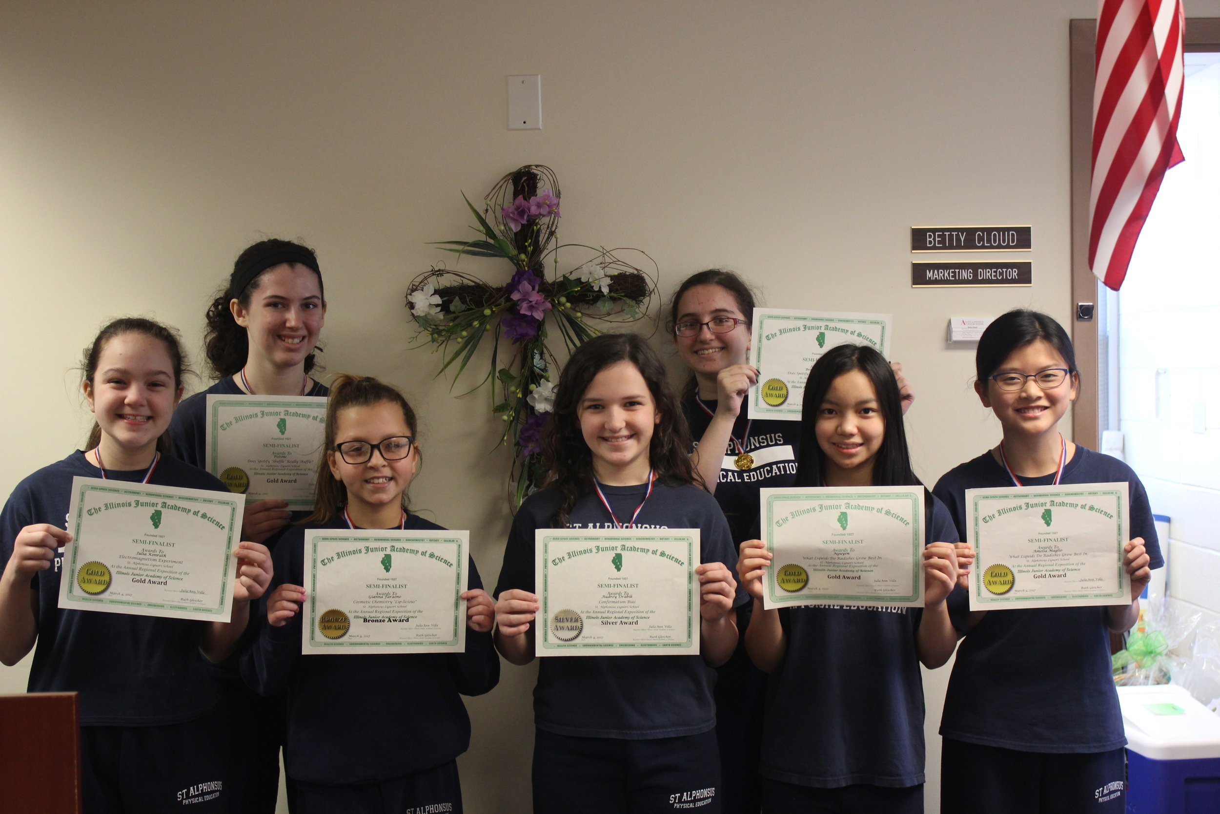 Congratulations to the students who attended the Regional Science Fair on 3/4/17. Audrey Drabik - silver award Brenna Drabik - gold award Gianna Faraone - bronze award Julia Konrath - gold award Amelia Maglio - gold award Anne Nguyen - gold award Mia Pistone - gold award